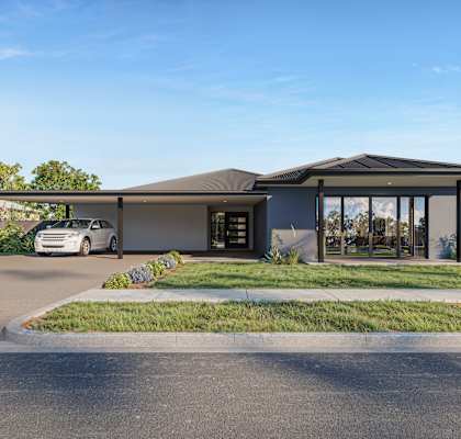 A modern house with a car parked in front.