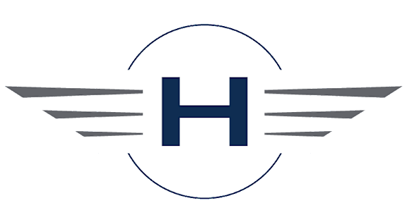A graphic with a capital letter H in the center of a circle with wings on either side.