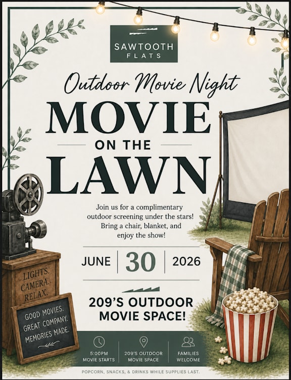 A poster advertises an outdoor movie night event on June 30, 2026, at 209's Outdoor Movie Space.