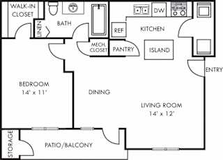 Wellesley 1 bedroom apartment. Kitchen with island. open to dining-living area. 1 full bath. walk-in-closet. in-unit laundry. patio/balcony.