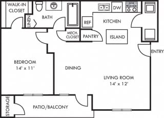Wellesley 1 bedroom apartment. Kitchen with island. open to dining-living area. 1 full bath. walk-in-closet. in-unit laundry. patio/balcony.