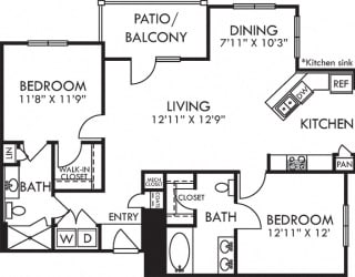 Braxton. 2 bedroom apartment. Kitchen with bartop open to living/dinning rooms. 2 full bathrooms, double vanity in master, shower stall in guest. Walk-in closets. Patio/balcony.