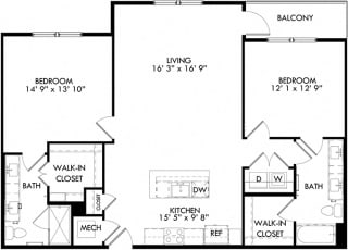 The Quebec Floorplan with 2 Bedrooms, 2 Baths one with standalone shower. Kitchen with island open to Living area