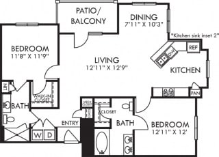 Braxton. 2 bedroom apartment. Kitchen with bartop open to living/dinning rooms. 2 full bathrooms, double vanity in master, shower stall in guest. Walk-in closets. Patio/balcony.