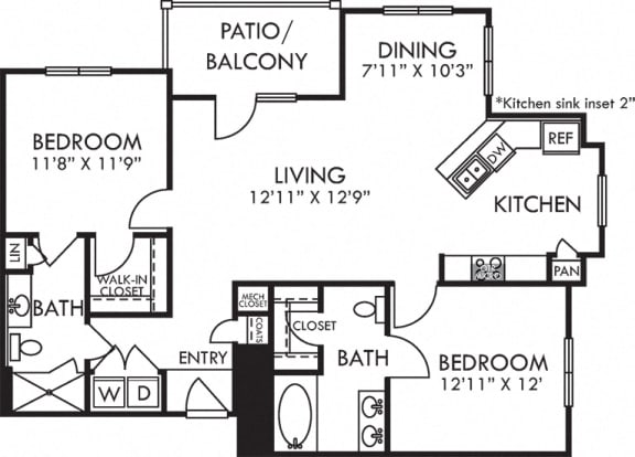 Braxton. 2 bedroom apartment. Kitchen with bartop open to living/dinning rooms. 2 full bathrooms, double vanity in master, shower stall in guest. Walk-in closets. Patio/balcony.