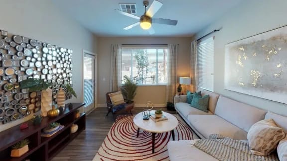 a living room with a couch and a coffee table