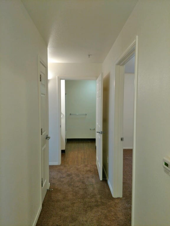 Hall with doors to bedroom, hall closet and ending in bathroom.  Flooring is carpet.