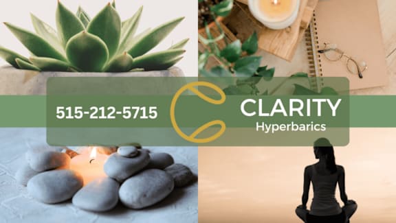 A serene image of a person meditating with a green succulent, a notebook, glasses, and stones in the foreground, and a phone number and logo for Clarity Hyperbarics.