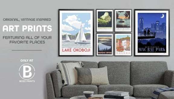 Lake Okoboji, Macbrayne Park, and War Memorial Park are featured on vintage-inspired art prints.