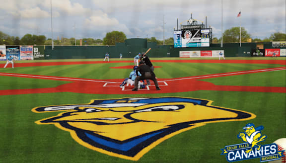 A baseball field with a logo on the ground and a player in the background.
