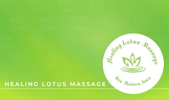 A green background with a logo for Healing Lotus Massage in Des Moines, Iowa.