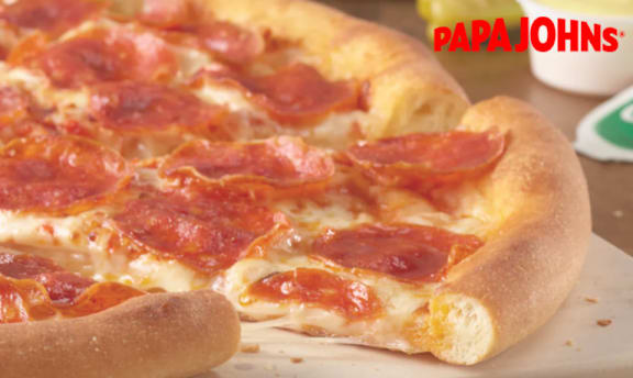 A Papa John's pizza with a slice missing.