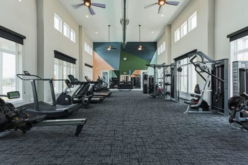a gym with weights and other exercise equipment in a large room