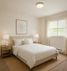 A bedroom with a large bed, two lamps, and a framed leaf picture on the wall.