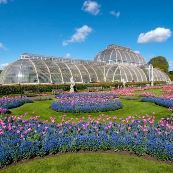 A large greenhouse is surrounded by a variety of colorful flowers.