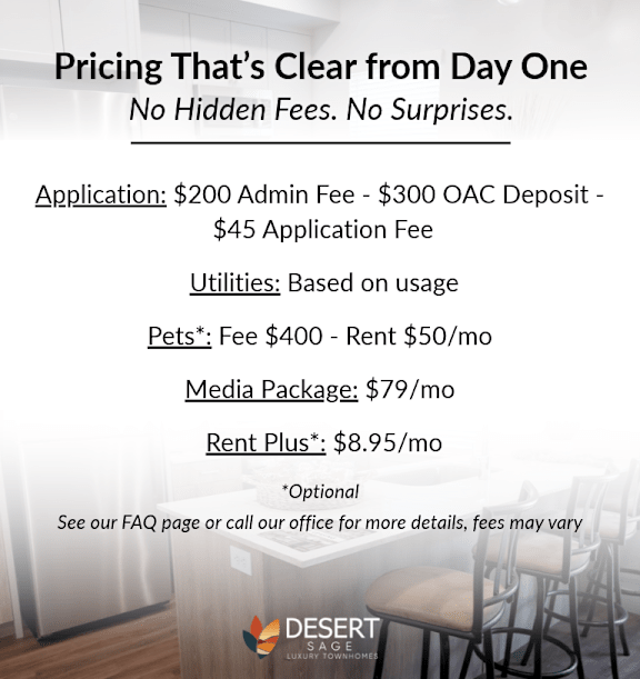 A flyer detailing the clear pricing of an apartment from day one, including administration fees, utilities, pets, media package, and rent plus.