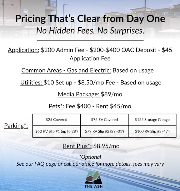 A flyer detailing the pricing for a property with clear day one costs.