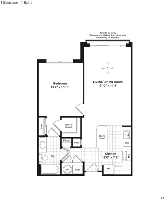 Floor Plan  1 bed 1 bath A1a Floor Plan at 800 Carlyle, Alexandria, VA, 22314