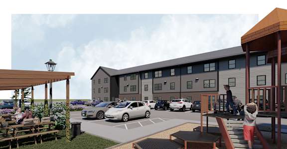 A rendering of a building with a parking lot in front of it.
