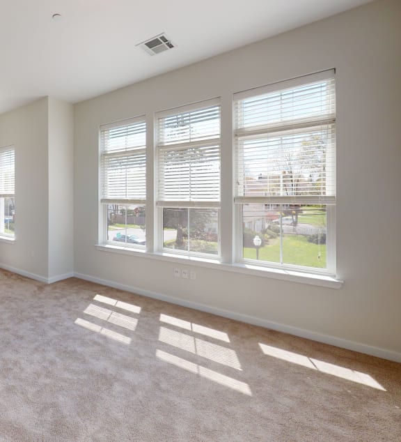 an empty living room with large windows and carpeting