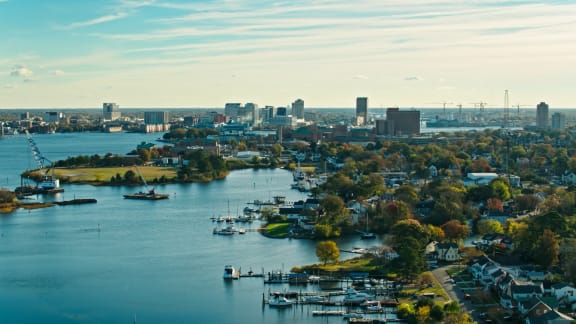 a view of the Norfolk Naval from the air. at Proximity at ODU, Norfolk, Virginia