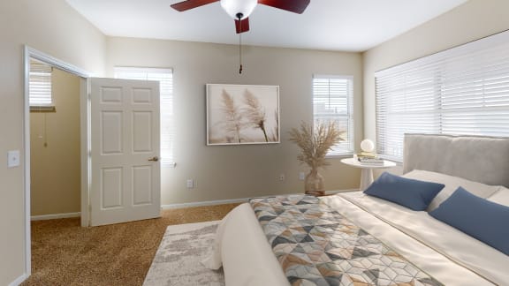a bedroom with a large bed and a ceiling fan at The Legends at Eagle Mountain Lake, Fort Worth, 76179