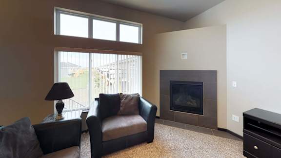 fireplace, gas fireplace, living room, large windows