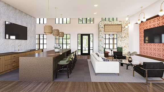 A modern living room with a white sofa, a wooden floor, and a TV mounted on the wall.
