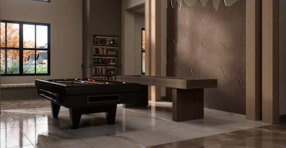 A billiard table is in the middle of a room with a large window.