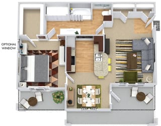 Amherst 3D. 1 bedroom apartment. Kitchen with bartop open to living/dinning rooms. 1 full bathroom. Walk-in closet. Patio/balcony.