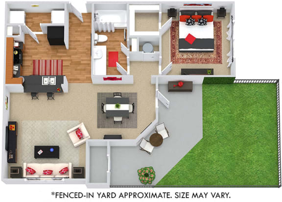 Cade with Fenced-in Yard 3D 1 bedroom apartment. Kitchen with bartop open to living & dining rooms. 1 full bathroom. Walk-in closet. Patio/balcony with storage and yard.