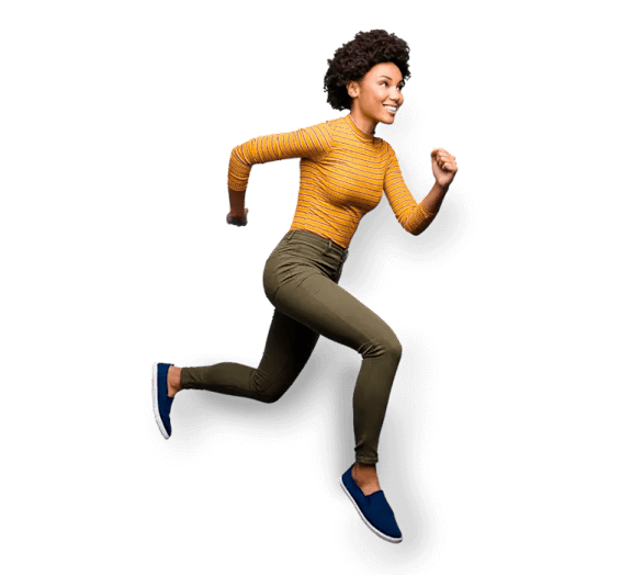A person in a yellow top and green pants is running.