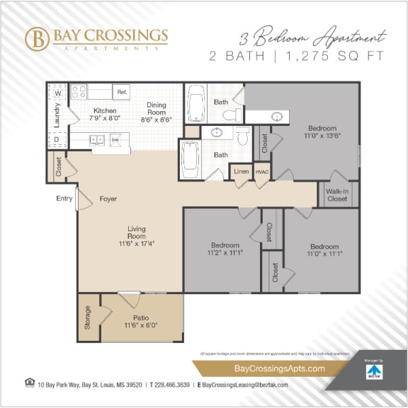 Two Bedroom 2 bath Floor Plan A at Bay Crossings Apartments, Bay St. Louis