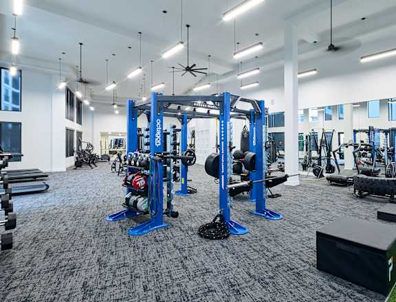 A gym with a variety of equipment including weightlifting machines and a green artificial turf area.