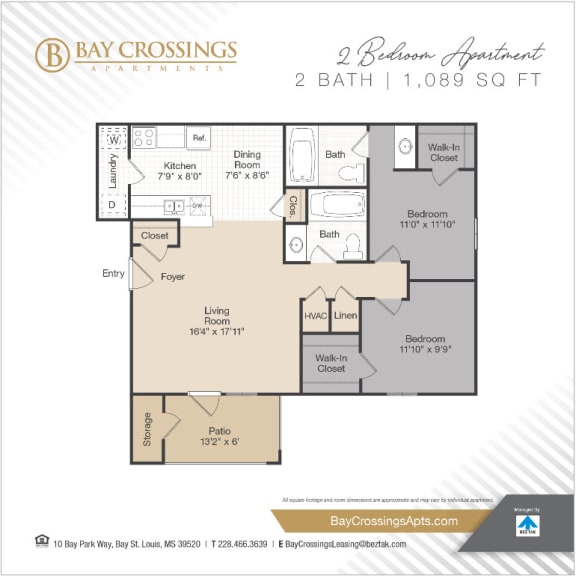 Two Bedroom 2 bath Floor Plan Aat Bay Crossings Apartments, Bay St. Louis, Mississippi