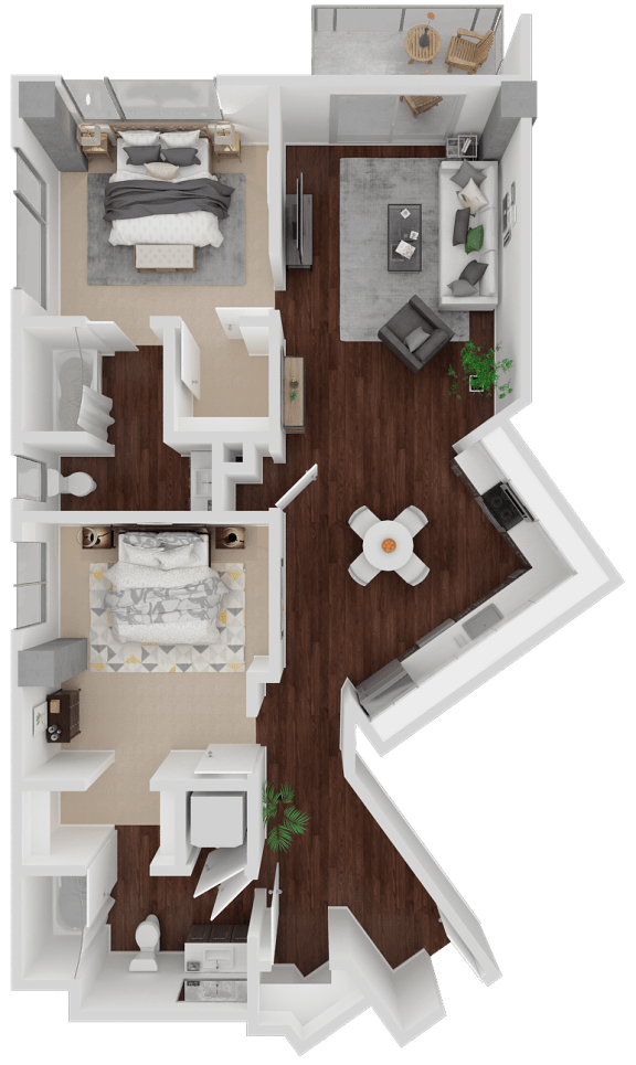 Church 3D FloorPlan Image Church 2 Bed 2 Bath 1,038 Sq.Ft. Floor Plan at Venn Apartments, San Francisco