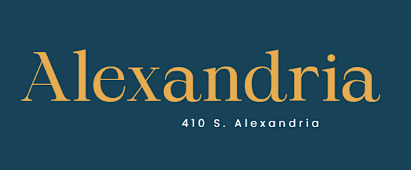 A blue background with the word Alexandria in gold and 410 S. Alexandria below it.