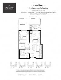 One bedroom, one bathroom apartment layout at The Taunton in Oakville, ON