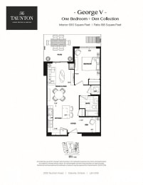 One bedroom plus den, one bathroom apartment layout at The Taunton in Oakville, ON