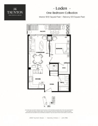 One bedroom, one bathroom apartment layout at The Taunton in Oakville, ON