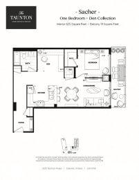 One bedroom plus den, one bathroom apartment layout at The Taunton in Oakville, ON