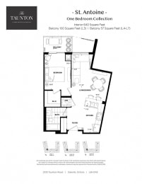 One bedroom, one bathroom apartment layout at The Taunton in Oakville, ON