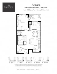 One bedroom plus den, one bathroom apartment layout at The Taunton in Oakville, ON