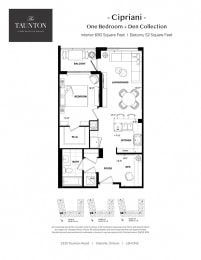One bedroom plus den, one bathroom apartment layout at The Taunton in Oakville, ON