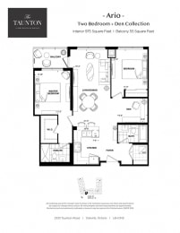 Two bedroom plus den, two bathroom apartment layout at The Taunton in Oakville, ON