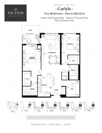 Two bedroom plus den, two bathroom apartment layout at The Taunton in Oakville, ON