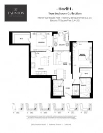 Two bedroom, two bathroom apartment layout at The Taunton in Oakville, ON