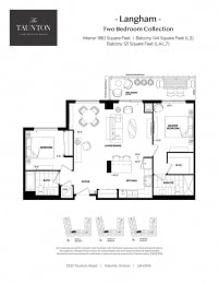 Two bedroom, two bathroom apartment layout at The Taunton in Oakville, ON