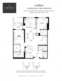 Two bedroom plus den, two bathroom apartment layout at The Taunton in Oakville, ON