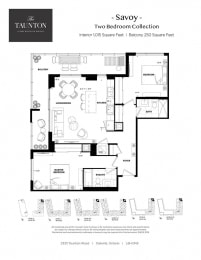 Two bedroom, two bathroom apartment layout at The Taunton in Oakville, ON